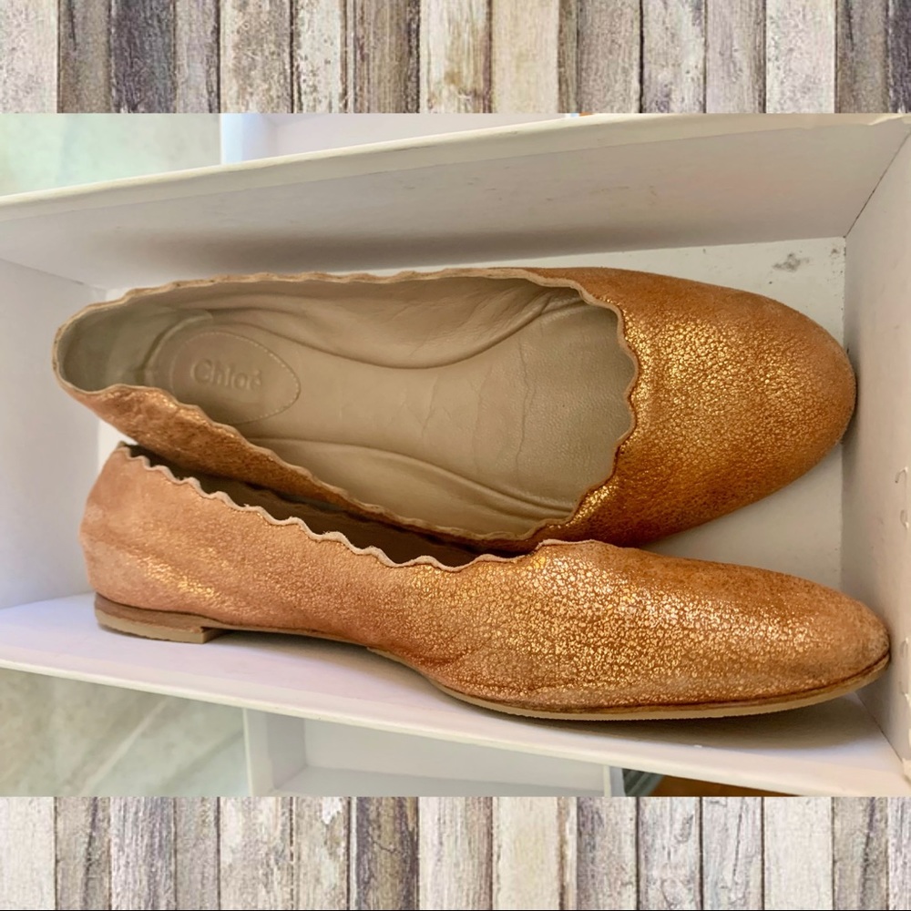 Chloe Scalloped Flats Gold Size 38 USA 7.5-8